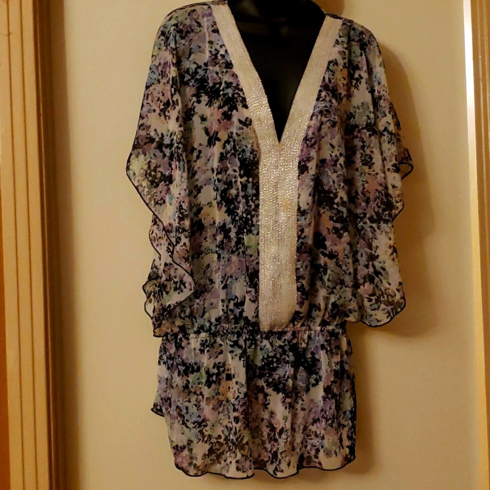 Badgley Mischka Sheer Beaded Floral Sz M Top